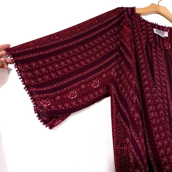 URBAN OUTFITTERS Ecote Boho Pom Pom Chiffon Kimono Cover up Boho Burgundy Red XS - Picture 4 of 8